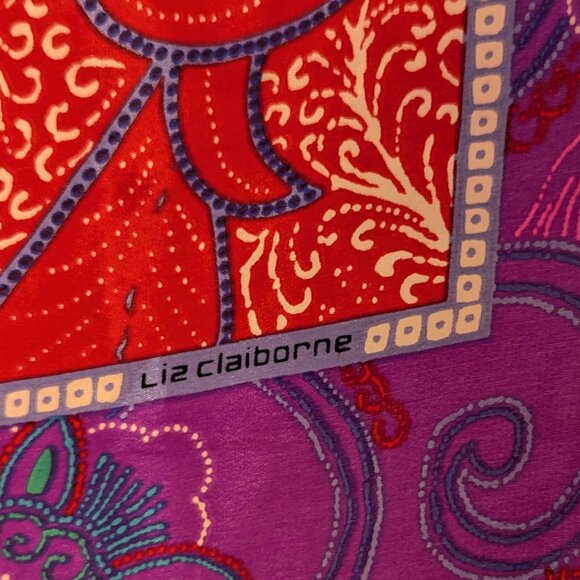 Liz Claiborne Vintage 80's Purple Red Silk Floral Square Scarf Made in Japan - Picture 3 of 8